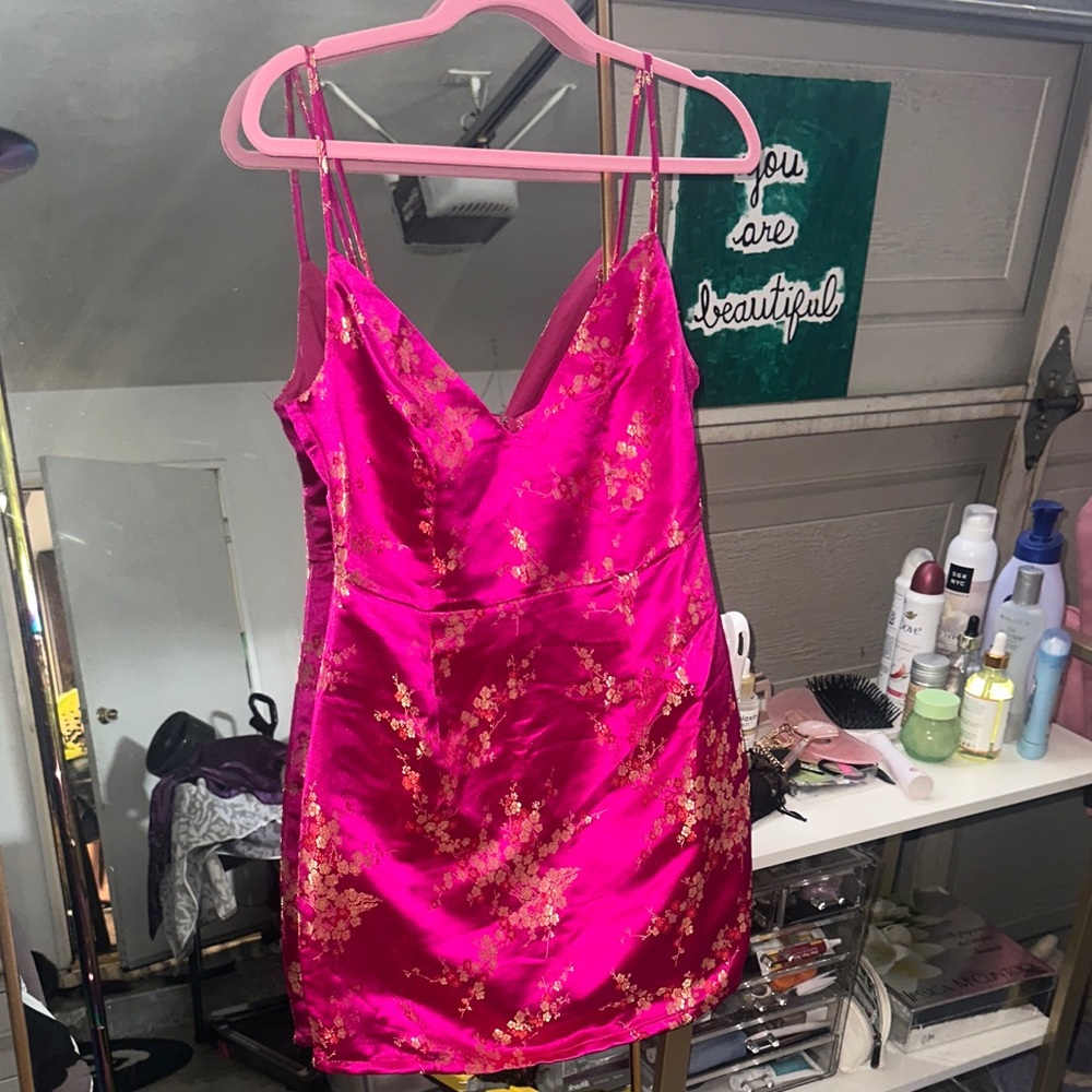 Fuchsia Pink Floral Satin Slip Dress